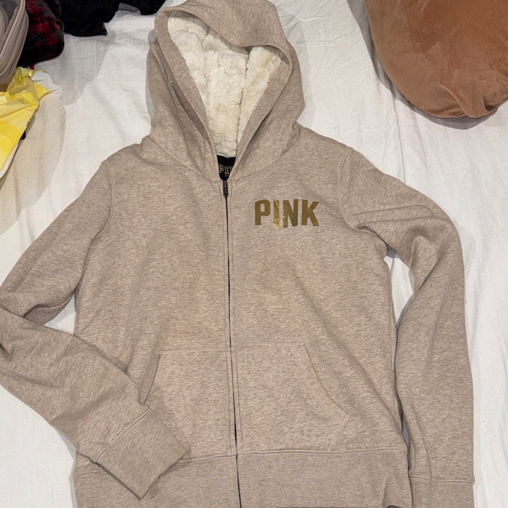 PINK Victoria's Secret Beige Hoodie with Gold Logo